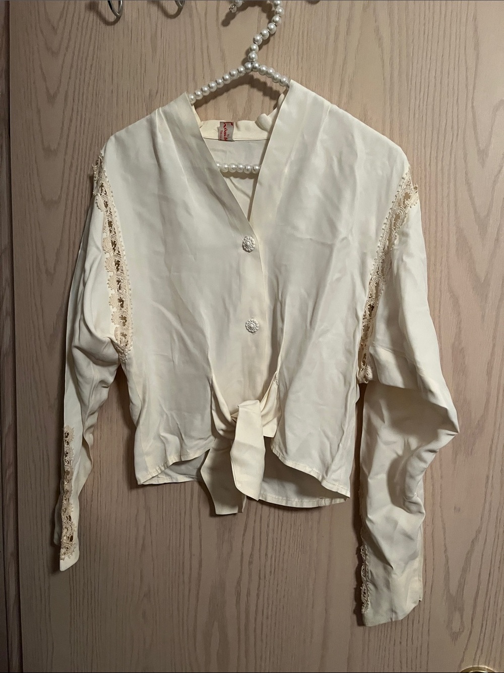 Cream Tie-Front V-Neck Blouse with Lace Insets